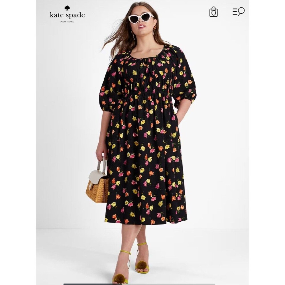Kate Spade Sz XXL Tulip Toss Riviera Smocked Midi Dress Black Floral Puff Sleeve